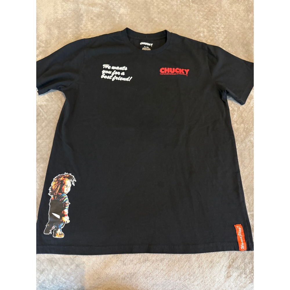 Chucky Child's Play Horror Movie Graphic T-Shirt Mens XL Black Wanna‎ Play Tee